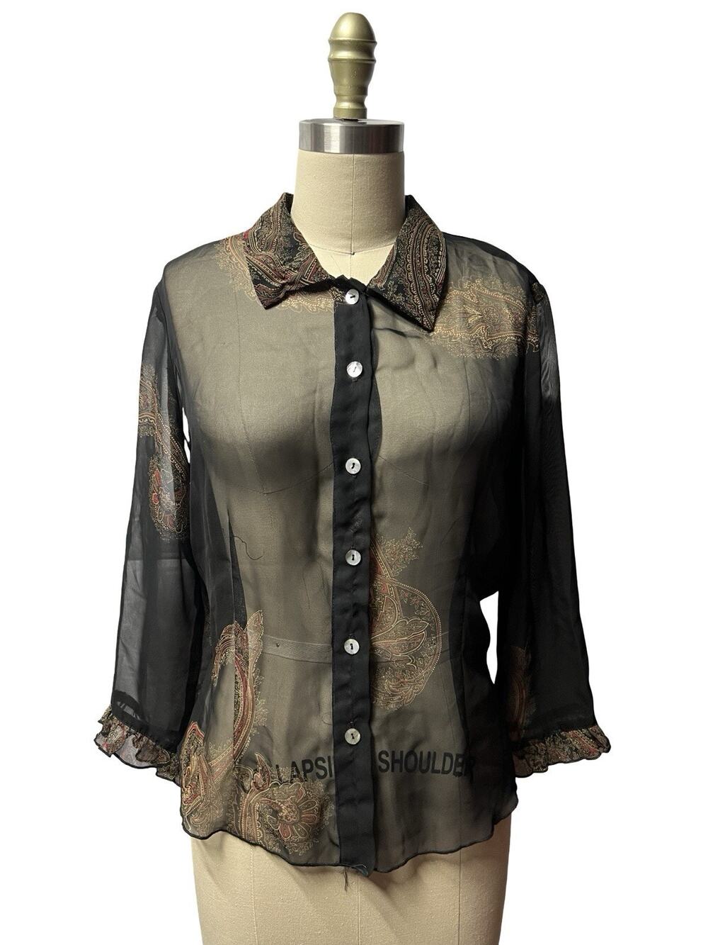 Believe Paisley Ruffle Sheer Y2K Chiffon Button Blouse Ethereal Romantic SZ 8